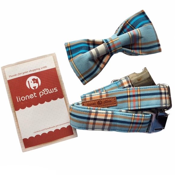 Dog Collar Bow Tie Blue Plaid NEW - Picture 4 of 14
